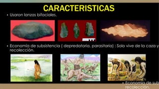 CARACTERISTICAS
▪ Usaron lanzas bifaciales.
▪ Economía de subsistencia ( depredatoria, parasitaria) : Solo vive de la caza y
recolección.
▪ Economía de sub
recolección.
 
