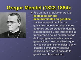 Gregor Mendel (1822-1884):Gregor Mendel (1822-1884):    
Fue un monje nacido en Austria Fue un monje nacido en Austria 
destacado por susdestacado por sus
descubrimientos en genética.descubrimientos en genética.  
Haciendo experimentos con Haciendo experimentos con 
guisantes pudo determinar ciertos guisantes pudo determinar ciertos 
patrones que se producían durante patrones que se producían durante 
la reproducción y que implicaban la la reproducción y que implicaban la 
transferencia de las características transferencia de las características 
de los progenitores a las nuevas de los progenitores a las nuevas 
generaciones. Así concibió lo que generaciones. Así concibió lo que 
hoy se conocen como alelos, gen y hoy se conocen como alelos, gen y 
carácter dominante y recesivo, carácter dominante y recesivo, 
principios que son la base de la principios que son la base de la 
genética en la actualidad. genética en la actualidad. 
 