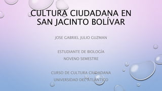 CULTURA CIUDADANA EN
SAN JACINTO BOLÍVAR
JOSE GABRIEL JULIO GUZMAN
ESTUDIANTE DE BIOLOGÍA
NOVENO SEMESTRE
CURSO DE CULTURA CIUDADANA
UNIVERSIDAD DEL ATLÁNTICO
 
