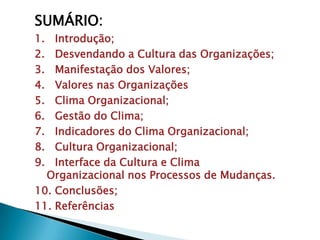 SUMÁRIO:
1.  Introdução;
2.  Desvendando a Cultura das Organizações;
3.  Manifestação dos Valores;
4.  Valores nas Organizações
5.  Clima Organizacional;
6.  Gestão do Clima;
7.  Indicadores do Clima Organizacional;
8.  Cultura Organizacional;
9.  Interface da Cultura e Clima
  Organizacional nos Processos de Mudanças.
10. Conclusões;
11. Referências
 