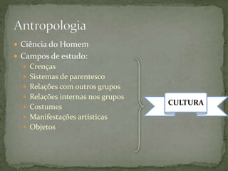  Ciência do Homem
 Campos de estudo:
 Crenças
 Sistemas de parentesco
 Relações com outros grupos
 Relações internas nos grupos
 Costumes
 Manifestações artísticas
 Objetos
CULTURA
 