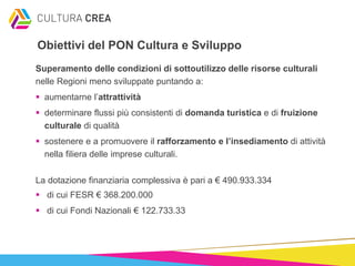 Obiettivi del PON Cultura e Sviluppo
Superamento delle condizioni di sottoutilizzo delle risorse culturali
nelle Regioni meno sviluppate puntando a:
aumentarne l’attrattività
determinare flussi più consistenti di domanda turistica e di fruizione
culturale di qualità
sostenere e a promuovere il rafforzamento e l’insediamento di attività
nella filiera delle imprese culturali.
La dotazione finanziaria complessiva è pari a € 490.933.334
di cui FESR € 368.200.000
di cui Fondi Nazionali € 122.733.33
 