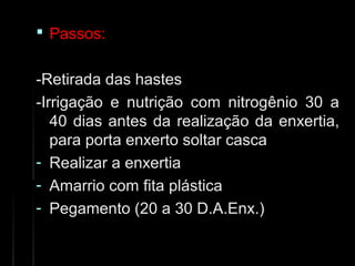  Passos:Passos:
-Retirada das hastes-Retirada das hastes
-Irrigação e nutrição com nitrogênio 30 a-Irrigação e nutrição com nitrogênio 30 a
40 dias antes da realização da enxertia,40 dias antes da realização da enxertia,
para porta enxerto soltar cascapara porta enxerto soltar casca
- Realizar a enxertiaRealizar a enxertia
- Amarrio com fita plásticaAmarrio com fita plástica
- Pegamento (20 a 30 D.A.Enx.)Pegamento (20 a 30 D.A.Enx.)
 