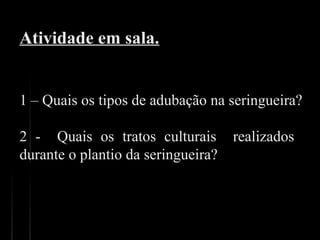 Atividade em sala.
1 – Quais os tipos de adubação na seringueira?
2  -    Quais  os  tratos  culturais    realizados   
durante o plantio da seringueira?
 