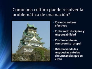 Como una cultura puede resolver la
problemática de una nación?
• Creando valores
efectivos
• Cultivando disciplina y
responsabilidad
• Promoviendo un
compromiso grupal
• Diferenciando las
respuestas ante las
circunstancias que se
viven
 