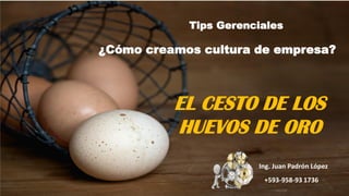¿Cómo creamos cultura de empresa?
Tips Gerenciales
EL CESTO DE LOS
HUEVOS DE ORO
Ing. Juan Padrón López
+593-958-93 1736
 