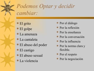 Podemos Optar y decidir cambiar: El grito El golpe La amenaza La cantaleta El abuso del poder El castigo El abuso sexual La violencia Por el diálogo Por la reflexión Por la enseñanza Por la conversación Por la influencia Por la norma clara y flexible. Por el respeto Por la negociación 