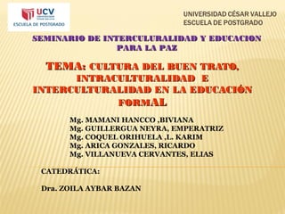 SEMINARIO DE INTERCULURALIDAD Y EDUCACION
PARA LA PAZ

TEMA: CULTURA DEL BUEN TRATO,

INTRACULTURALIDAD E
INTERCULTURALIDAD EN LA EDUCACIÓN
FORMAL
Mg. MAMANI HANCCO ,BIVIANA
Mg. GUILLERGUA NEYRA, EMPERATRIZ
Mg. COQUEL ORIHUELA ,L. KARIM
Mg. ARICA GONZALES, RICARDO
Mg. VILLANUEVA CERVANTES, ELIAS
CATEDRÁTICA:
 
Dra. ZOILA AYBAR BAZAN

 