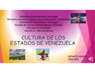 República Bolivariana de Venezuela
Ministerio del poder popular para la Educación Universitaria
Universidad Bicentenaria de Aragua
Faculta de Ciencia Administrativas y Sociales
Escuela de Psicología
sección p1 valle de pascua
CULTURA DE LOS
ESTADOS DE VENEZUELA
INFANTE MARIA
25931994
 