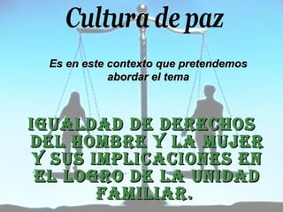 IGUALDAD DE DERECHOS DEL HOMBRE Y LA MUJER Y SUS IMPLICACIONES EN EL LOGRO DE LA UNIDAD FAMILIAR.   Es en este contexto que pretendemos abordar el tema 