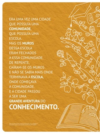 ERA UMA VEZ UMA CIDADE
QUE POSSUÍA UMA
COMUNIDADE,
QUE POSSUÍA UMA
ESCOLA.
MAS OS MUROS
DESSA ESCOLA
ERAM FECHADOS
A ESSA COMUNIDADE.
DE REPENTE,
CAÍRAM-SE OS MUROS
E NÃO SE SABIA MAIS ONDE
TERMINAVA A ESCOLA,
ONDE COMEÇAVA
A COMUNIDADE.
E A CIDADE PASSOU
A SER UMA
GRANDE AVENTURA DO

CONHECIMENTO.
Texto extraído do DVD "O Direito de Aprender", uma realização da
Associação Cidade Escola Aprendiz, em parceria com a UNICEF.

 