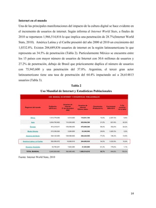 Internet en el mundo
Una de las principales manifestaciones del impacto de la cultura digital se hace evidente en
el incremento de usuarios de internet. Según informa el Internet World Stats, a finales de
2010 se reportaron 1,966,514,816 lo que implica una penetración de 28.7%(Internet World
Stats, 2010). América Latina y el Caribe presentó del año 2000 al 2010 un crecimiento del
1,0332.8%. Existen 204,689,836 usuarios de internet en la región latinoamericana lo que
representa un 34.5% de penetración (Tabla 2). Particularmente México se encuentra entre
los 15 países con mayor número de usuarios de Internet con 30.6 millones de usuarios y
27.2% de penetración, debajo de Brasil que prácticamente duplica el número de usuarios
con 75,943,600 y una penetración del 37.8%. Argentina, el tercer gran actor
latinoamericano tiene una tasa de penetración del 64.4% impactando así a 26,614813
usuarios (Tabla 3).
Tabla 2
Uso Mundial de Internet y Estadísticas Poblacionales

Fuente: Internet World State, 2010

14

 