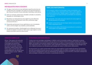 11
PRÉ-REQUISITOS PARA O DOCENTE
PERFIL DOS PARTICIPANTES:
De forma geral, a eletiva é recomendada a todos os estudantes, uma
vez que a reflexão crítica, responsável e ética sobre a cultura digital, na
perspectiva de desenvolver cidadãos digitais é necessário a todos os
jovens. No entanto, ela é especialmente recomendada aos estudantes
interessados em:
Aprofundar a discussão acerca dos impactos da cultura digital na
vida das pessoas e na sociedade;
Ampliar conhecimentos das tecnologias digitais numa perspectiva
crítica, responsável e ética;
Envolver-se em ações e intervenções socioculturais no contexto da
cultura digital e da cidadania digital.
Ter algum nível de domínio das habilidades específicas das áreas de
conhecimento de Linguagens (em especial, da Língua Portuguesa) e
das Ciências Humanas e Sociais Aplicadas mobilizadas nessa eletiva;
Sentir-se motivado a desenvolver atividades centradas no estudante,
baseadas em metodologias ativas;
Reconhecer as implicações da cultura digital nas mais diferentes
esferas de nossa vida (pessoal, social, ética, profissional, legal,
comunicacional etc.);
Disposição para promover trocas significativas com os estudantes
sobre o universo digital, seus desafios e potencialidades;
Ter interesse em ampliar a familiaridade com os diferentes recursos e
plataformas digitais, incluindo as redes sociais, jogos digitais e outros
espaços que fazem parte da cultura juvenil;
UNIDADE CURRICULAR ESTRATÉGIAS METODOLÓGICAS
Oficina: “São espaços de construção
coletiva de conhecimentos, técnicas
e tecnologias que possibilitam
articulação entre teoria e prática,
tais como: júri simulado, oficina de
quadrinhos, robótica, games, dança,
música, teatro, escrita criativa, de
empreendedorismo, de culturas locais,
de biotecnologia e outras.” (BRASIL,
2018b, p.14)
A eletiva terá como estratégia metodológica o trabalho a partir de situações-problema, mobilizando as próprias
experiências e vivências dos estudantes, para que eles se reconheçam imersos nos desafios impostos pela cultura
digital, mas também como pessoas capazes de transformar as ações em comportamentos em busca de um ambiente
mais responsável e ético. Ao longo da eletiva, serão mobilizadas metodologias e estratégias de aprendizagem ativa,
com o objetivo de oferecer aos estudantes oportunidades de construir conhecimento coletivamente.
Da mesma forma, ser sujeito transformador implica em responsabilizar-se pela amplificação desses aprendizados
para além das paredes da sala de aula, por isso os estudantes serão convidados a protagonizar ações de intervenção,
que envolvem o planejamento a partir do entendimento da realidade em que se encontra, a execução e avaliação das
ações estratégias utilizadas para reverberar os aprendizados da eletiva.
EMENTA: APRESENTAÇÃO
 