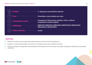 125
Unidade 2 – Segurança e privacidade na internet
Tema Privacidade e rastros digitais nas redes
Competências gerais Competência 2 (Pensamento científico, crítico e criativo)
Competência 5 (Cultura Digital)
Habilidades EMIFCG07, EMIFCG09, EMIFLGG07, EMIFCHSA07, EM13LGG701,
EM13LGG702, EM13CHS503
Tempo estimado 2 aulas
OBJETIVOS
• Identificar principais riscos da exposição de dados pessoais na internet e formas de proteger-se;
• Conhecer o conceito de privacidade e relacioná-lo com situações reais do nosso cotidiano na internet;
• Conhecer aplicações e configurações de privacidade da informação para tornar seu acesso mais seguro e adequado, cuidando da sua privacidade
dos demais;
UNIDADE 2: SEGURANÇA E PRIVACIDADE NA INTERNET • AULAS 7 e 8
 