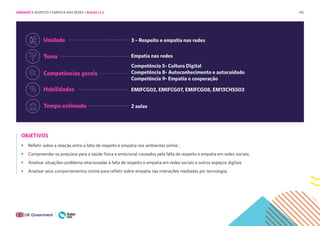 145
OBJETIVOS
• Refletir sobre a relação entre a falta de respeito e empatia nos ambientes online ;
• Compreender os prejuízos para a saúde física e emocional causados pela falta de respeito e empatia em redes sociais;
• Analisar situações-problema relacionadas à falta de respeito e empatia em redes sociais e outros espaços digitais
• Analisar seus comportamentos online para refletir sobre empatia nas interações mediadas por tecnologia;
Tempo estimado
Tema
Unidade
Competências gerais
Habilidades
2 aulas
Empatia nas redes
3 – Respeito e empatia nas redes
Competência 5- Cultura Digital
Competência 8- Autoconhecimento e autocuidado
Competência 9- Empatia e cooperação
EMIFCG02, EMIFCG07, EMIFCG08, EM13CHS503
UNIDADE 3: RESPEITO E EMPATIA NAS REDES • AULAS 1 e 2
 