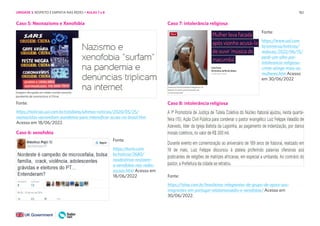 182
Caso 5: Neonazismo e Xenofobia
Caso 6: xenofobia
Caso 8: intolerância religiosa
Fonte:
https://noticias.uol.com.br/cotidiano/ultimas-noticias/2020/05/25/
neonazistas-aproveitam-pandemia-para-intensificar-acoes-no-brasil.htm
Acesso em 18/06/2022.
Fonte:
https://www.uol.com.
br/universa/noticias/
redacao/2022/06/15/
perdi-um-olho-por-
intolerancia-religiosa-
crime-atinge-mais-as-
mulheres.htm Acesso
em 30/06/2022
Fonte:
https://eurio.com.
br/noticia/2680/
nosdestinos-resistem-
a-xenofobia-nas-redes-
sociais.html Acesso em
18/06/2022 Fonte:
https://istoe.com.br/brasileiras-integrantes-de-grupo-de-apoio-aos-
imigrantes-em-portugal-relatamassedio-e-xenofobia/ Acesso em
30/06/2022.
Caso 7: intolerância religiosa
UNIDADE 3: RESPEITO E EMPATIA NAS REDES • AULAS 7 e 8
 