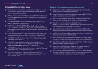 186
RECURSOS BÁSICOS PARA A AULA
Dispositivos com acesso à internet (computador, tablet ou celular).
Há sugestão de adaptação em caso de impossibilidade de acesso à
internet ou dispositivos digitais.
UNICEF. Internet sem vacilo / Preconceito e intolerância. Disponível
em: https://www.youtube.com/watch?v=ehMAdF7Dlt4 Acesso em 23
de julho 2022
SAFERNET. Denuncie. Disponível em https://new.safernet.org.br/
denuncie Acesso em 23 de julho 2022
INSTITUTO VLADIMIR HERZOG. Diversidade e discriminação.
4.ed. – São Paulo, SP: Vlado Educação, 2020. Disponível em: https://
respeitarepreciso.org.br/cadernos-respeitar-download/ Acesso em 23 de
julho 2022
CETIC.br. Kids online 2020 – pesquisa. Disponível https://cetic.br/pt/
tics/kidsonline/2019/criancas/G20A/ Acesso em 23 de julho 2022
SAFERNET. Canal de denúncia. Disponível em https://helpline.org.br
Acesso em 23 de julho 2022
SAFERNET. Vídeo Helpline Brasil: Como buscar ajuda para
crimes na internet. Disponível em: https://www.youtube.com/
watch?v=mXhahWQQCac Acesso em 23 de julho 2022
SAFERNET. Infográfico denúncia. Disponível em: https://saferlab.org.
br/infografico.png Acesso em 23 de julho 2022
SAFERNET. Miniguia para criadores sobre discurso de ódio.
Disponível em: http://www.safernet.org.br/guia-criadores.pdf Acesso
em 23 de julho 2022.
Curadoria de Notícias de preconceito e discriminação
https://www.poder360.com.br/midia/caso-lazaro-g1-pede-desculpas-
depois-de-criticas-sobre-intolerancia-religiosa/
https://mais.opovo.com.br/colunistas/daniela-nogueira/2021/07/14/ser-
paraiba--nao-e-forca-de-expressao.html
https://g1.globo.com/mato-grosso/noticia/universitario-que-fez-post-
racista-em-rede-social-diz-que-foi-infeliz-em-comentario.ghtml
https://www.correiobraziliense.com.br/app/noticia/
cidades/2015/05/04/interna_cidadesdf, 481895/mulher-posta-foto-nas-
redes-e-sofre-enxurrada-de-ataques-racistas.shtml
https://noticias.uol.com.br/cotidiano/ultimas-noticias/2020/05/25/
neonazistas-aproveitam-pandemia-para-intensificar-acoes-no-brasil.htm
https://eurio.com.br/noticia/2680/nosdestinos-resistem-a-xenofobia-nas-
redes-sociais.html Acesso em 18/06/2022.
https://www.uol.com.br/universa/noticias/redacao/2022/06/15/perdi-
um-olho-por-intolera ncia-religiosa-crime-atinge-mais-as-mulheres.htm
https://enfoco.com.br/noticias/brasil-e-mundo/felippe-valadao-tera-que-
se-retratar-sobre-in tolerancia-religiosa-51155
https://istoe.com.br/brasileiras-integrantes-de-grupo-de-apoio-aos-
imigrantes-em-portugal-relatam-assedio-e-xenofobia/
https://g1.globo.com/sp/sao-paulo/noticia/2022/06/29/dois-dos-tres-
torcedores-argentinos-detidos-por-injuria-racial-e-racismo-durante-jogo-
do-corinthians-em-sp-sao-soltos-apos-pag ar-fianca.ghtml
UNIDADE 3: RESPEITO E EMPATIA NAS REDES • AULAS 7 e 8
 