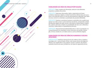 19
HABILIDADES DA ÁREA DE LÍNGUA PORTUGUESA
(EM13LP11) Fazer curadoria de informação, tendo em vista diferentes
propósitos e projetos discursivos
(EM13LP12) Selecionar informações, dados e argumentos em fontes
confiáveis, impressas e digitais, e utilizá-los de forma referenciada, para que o
texto a ser produzido tenha um nível de aprofundamento adequado (para além
do senso comum) e contemple a sustentação das posições defendidas
(EM13LP41) Analisar os processos humanos e automáticos de curadoria que
operam nas redes sociais e outros domínios da internet, comparando os feeds
de diferentes páginas de redes sociais e discutindo os efeitos desses modelos
de curadoria, de forma a ampliar as possibilidades de trato com o diferente e
minimizar o efeito bolha e a manipulação de terceiros
(EM13LP43) Atuar de forma fundamentada, ética e crítica na produção e no
compartilhamento de comentários, textos noticiosos e de opinião, memes,
gifs, remixes variados etc. em redes sociais ou outros ambientes digitais.
HABILIDADES DA ÁREA DE CIÊNCIAS HUMANAS E SOCIAIS
APLICADAS
(EM13CHS503) Identificar diversas formas de violência (física, simbólica,
psicológica etc.), suas principais vítimas, suas causas sociais, psicológicas e
afetivas, seus significados e usos políticos, sociais e culturais, discutindo e
avaliando mecanismos para combatê-las, com base em argumentos éticos.
EMENTA: SUGESTÃO DE PERCURSO • UNIDADE 2
 
