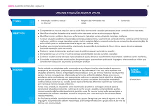 23
UNIDADE 4: RELAÇÕES SEGURAS ONLINE
• Prevenção à violência sexual
na Internet
• Respeito às intimidades nas
redes
• Sextorsão
• Compreender os riscos e prejuízos para a saúde física e emocional causados pela exposição de conteúdo íntimo nas redes;
• Identificar situações de sextorsão e assédio online nas redes sociais e outros espaços digitais;
• Identificar como a violência de gênero se faz presente nas redes sociais, atingindo meninas e mulheres;
• Analisar situações-problema relacionadas sextorsão, assédio online, vazamento de conteúdo íntimo, violência contra meninas e
mulheres e violência sexual nas redes sociais e outros espaços digitais, propondo soluções na perspectiva da autoproteção e do
autocuidado para um ambiente saudável e seguro para todos e todas;
• Analisar seus comportamentos online relacionados à exposição de conteúdos de fórum íntimo, seus e de outras pessoas,
buscando reparação, caso necessário;
• Conhecer canais de denúncia e ajuda em caso de violência sexual, sextorsão ou assédio;
• Compreender que um crime virtual traz consigo possibilidades reais de punições e sanções;
• Conhecer e saber acionar serviços especializados de ajuda, denúncia e acolhimento relacionados à violência contra mulheres.;
• Consolidar os aprendizados em situações de aprendizagem que envolvam práticas de linguagem, selecionando as mídias que
considerarem adequadas ao produto que desejam produzir.
Nesta unidade, os estudantes serão provocados a reconhecer situações relacionadas à segurança,
em especial, em situações que envolvem violências de cunho sexual. Para isso, serão apresentadas
situações-problema, notícias e reportagens relacionadas ao tema, de forma a mobilizar os estudantes
para os riscos e consequências relacionadas ao tema nos ambientes digitais. Nesse processo, os
estudantes serão confrontados com suas próprias vivências, na perspectiva de identificar situações
em que possam atuar como vítimas, testemunhas ou como causadores de situações envolvendo
violência sexual, sextorsão ou assédio, dando especial ênfase às diferentes experiências vivenciadas
por meninas e meninos nesses ambientes.
Ainda nesta unidade, os estudantes serão incentivados a conhecer e divulgar canais de ajuda e
denúncia de situações envolvendo violências de cunho sexual e assédio, compreendendo que tais
comportamentos são também passíveis de punições reais. Da mesma forma, serão apresentados a
movimentos de mulheres nas redes, visando a autoproteção e conscientização de outras mulheres
nesses ambientes.
Ao final desta unidade, os estudantes deverão ser capazes de registrar, por meio de alguma prática de
linguagem, os aprendizados obtidos nessa etapa, a ser compartilhado com o grupo classe e, ao final da
eletiva, com a comunidade.
OBJETIVOS:
RESUMO:
6 horas/aula
CARGA
HORÁRIA:
TEMAS:
EMENTA: SUGESTÃO DE PERCURSO • UNIDADE 4
 