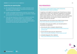 235
Na impossibilidade de apresentar os vídeos indicados na aula,
eles podem ser substituídos por narrativas da situação ou por
textos indicados nas atividades.
O vídeo na atividade de fechamento é opcional. Caso não haja
internet, ela também pode ser narrada aos estudantes e indicado
para assistirem fora do tempo de aula.
Caso não haja dispositivos móveis para a criação da animação
(atividade 3), os estudantes podem criar o storyboard da
animação e usar como apoio para a narrativa da história, que
será contada em sala de aula. Essa estratégia também pode ser
utilizada em caso de tempo insuficiente em aula.
SUGESTÃO DE ADAPTAÇÕES DICA PEDAGÓGICA
RECURSOS COMPLEMENTARES PARA ADULTOS
(RESPONSÁVEIS E EDUCADORES)
A segurança na era digital é um assunto novo. É possível que as crianças
e adolescentes se sintam mais confortáveis navegando por comunidades
digitais do que os adultos - sem saber, no entanto, como se manterem
seguras nesse ambiente. Por isso, o site Sextorsão tem uma parte específica
para os adultos saberem como apoiar as crianças e adolescentes a se
proteger, incluindo você, educador.
Recomendamos que você explore esse material antes da aula:
http://www.safernet.org.br/sextorsao/educadores.html
Há também outros guias para adultos, que você pode explorar e
recomendar aos responsáveis.
• Guia para pais sobre o Instagram, disponível aqui:
https://www.safernet.org.br/site/themes/sn/sid2017/resources/
guiapaisig.pdf
• Guia da internet segura para pais, disponível em:
https://internetsegura.br/pdf/guia-internet-segura-pais.pdf
• Conteúdo dialogando (Vivo e Safernet)
https://www.dialogando.com.br/cartilhas
UNIDADE 4: RELAÇÕES SEGURAS ONLINE • AULAS 5 e 6
 
