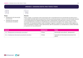 239
UNIDADE 5 - CIDADANIA DIGITAL PARA TODOS E TODAS
Temas:
• Planejamento da intervenção
sociocultural
• Avaliação da intervenção
sociocultural e da eletiva
Resumo:
Nesta unidade, os estudantes serão responsáveis pelo compartilhamento dos aprendizados da eletiva para a
comunidade estendida, além da sala de aula. Para isso, precisarão planejar e executar uma intervenção, atuando
como embaixadores da Cidadania Digital para todos. Coletivamente, irão selecionar os temas e as formas
de compartilhamento, levando em consideração as características do público-alvo, espaço, mídias e outros
elementos. Os estudantes também serão convidados a registrar a experiência, por meio de mídias digitais. Ao
final, os estudantes avaliarão a ação coletivamente, além de autoavaliar-se, considerando os critérios definidos
em parceria com seu professor(a).
AULAS DURAÇÃO TEMA
1 e 2 - Planejamento da intervenção sociocultural 2 Aulas Intervenção sociocultural - planejamento
3 e 4 - Avaliação da intervenção sociocultural e da eletiva 2 Aulas Avaliação da intervenção sociocultural e da
eletiva
UNIDADE 5: CIDADANIA DIGITAL PARA TODOS E TODAS
 