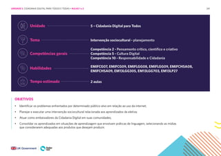 241
Unidade 5 – Cidadania Digital para Todos
Tema Intervenção sociocultural - planejamento
Competências gerais
Competência 2 - Pensamento crítico, científico e criativo
Competência 5 - Cultura Digital
Competência 10 - Responsabilidade e Cidadania
Habilidades EMIFCG07, EMIFCG09, EMIFLGG08, EMIFLGG09, EMIFCHSA08,
EMIFCHSA09, EM13LGG305, EM13LGG703, EM13LP27
Tempo estimado 2 aulas
OBJETIVOS
• Identificar os problemas enfrentados por determinado público-alvo em relação ao uso da internet;
• Planejar e executar uma intervenção sociocultural relacionada aos aprendizados da eletiva;
• Atuar como embaixadores da Cidadania Digital em suas comunidades;
• Consolidar os aprendizados em situações de aprendizagem que envolvam práticas de linguagem, selecionando as mídias
que considerarem adequadas aos produtos que desejam produzir.
UNIDADE 5: CIDADANIA DIGITAL PARA TODOS E TODAS • AULAS 1 e 2
 