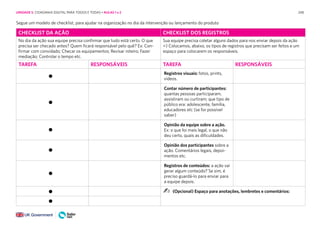 248
CHECKLIST DA AÇÃO CHECKLIST DOS REGISTROS
No dia da ação sua equipe precisa confirmar que tudo está certo. O que
precisa ser checado antes? Quem ficará responsável pelo quê? Ex: Con-
firmar com convidado; Checar os equipamentos; Revisar roteiro; Fazer
mediação; Controlar o tempo etc.
Sua equipe precisa coletar alguns dados para nos enviar depois da ação
=) Colocamos, abaixo, os tipos de registros que precisam ser feitos e um
espaço para colocarem os responsáveis.
TAREFA RESPONSÁVEIS TAREFA RESPONSÁVEIS
Registros visuais: fotos, prints,
vídeos.
Contar número de participantes:
quantas pessoas participaram,
assistiram ou curtiram; que tipo de
público era: adolescente, família,
educadores etc (se for possível
saber)
Opinião da equipe sobre a ação.
Ex: o que foi mais legal, o que não
deu certo, quais as dificuldades.
Opinião dos participantes sobre a
ação. Comentários legais, depoi-
mentos etc.
Registros de conteúdos: a ação vai
gerar algum conteúdo? Se sim, é
preciso guardá-lo para enviar para
a equipe depois.
(Opcional) Espaço para anotações, lembretes e comentários:
Segue um modelo de checklist, para ajudar na organização no dia da intervenção ou lançamento do produto
UNIDADE 5: CIDADANIA DIGITAL PARA TODOS E TODAS • AULAS 1 e 2
 