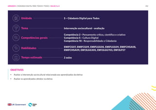 252
Unidade 5 – Cidadania Digital para Todos
Tema Intervenção sociocultural - avaliação
Competências gerais
Competência 2 - Pensamento crítico, científico e criativo
Competência 5 - Cultura Digital
Competência 10 - Responsabilidade e Cidadania
Habilidades EMIFCG07, EMIFCG09, EMIFLGG08, EMIFLGG09, EMIFCHSA08,
EMIFCHSA09, EM13LGG305, EM13LGG703, EM13LP27
Tempo estimado 2 aulas
OBJETIVOS
• Avaliar a intervenção sociocultural relacionada aos aprendizados da eletiva
• Avaliar os aprendizados obtidos na eletiva
UNIDADE 5: CIDADANIA DIGITAL PARA TODOS E TODAS • AULAS 3 e 4
 