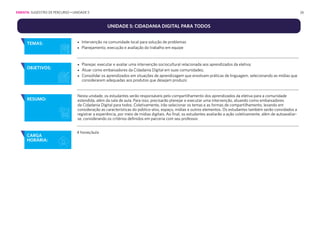 26
UNIDADE 5: CIDADANIA DIGITAL PARA TODOS
4 horas/aula
• Intervenção na comunidade local para solução de problemas
• Planejamento, execução e avaliação do trabalho em equipe
• Planejar, executar e avaliar uma intervenção sociocultural relacionada aos aprendizados da eletiva;
• Atuar como embaixadores da Cidadania Digital em suas comunidades;
• Consolidar os aprendizados em situações de aprendizagem que envolvam práticas de linguagem, selecionando as mídias que
considerarem adequadas aos produtos que desejam produzir.
Nesta unidade, os estudantes serão responsáveis pelo compartilhamento dos aprendizados da eletiva para a comunidade
estendida, além da sala de aula. Para isso, precisarão planejar e executar uma intervenção, atuando como embaixadores
da Cidadania Digital para todos. Coletivamente, irão selecionar os temas e as formas de compartilhamento, levando em
consideração as características do público-alvo, espaço, mídias e outros elementos. Os estudantes também serão convidados a
registrar a experiência, por meio de mídias digitais. Ao final, os estudantes avaliarão a ação coletivamente, além de autoavaliar-
se, considerando os critérios definidos em parceria com seu professor.
CARGA
HORÁRIA:
TEMAS:
OBJETIVOS:
RESUMO:
EMENTA: SUGESTÃO DE PERCURSO • UNIDADE 5
 