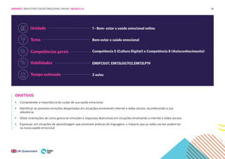 48
Unidade 1 - Bem- estar e saúde emocional online
Tema Bem-estar e saúde emocional
Competências gerais Competência 5 (Cultura Digital) e Competência 8 (Autoconhecimento)
Habilidades EMIFCG07, EM13LGG702,EM13LP19
Tempo estimado 2 aulas
OBJETIVOS
• Compreender a importância de cuidar de sua saúde emocional;
• Identificar as possíveis emoções despertadas em situações envolvendo internet e redes sociais, reconhecendo a sua
relevância;
• Obter orientações de como gerenciar emoções e respostas destrutivas em situações envolvendo a internet e redes sociais;
• Expressar, em situações de aprendizagem que envolvam práticas de linguagens, o impacto que as redes sociais podem ter
na nossa saúde emocional
UNIDADE 1: BEM-ESTAR E SAÚDE EMOCIONAL ONLINE • AULAS 3 e 4
 