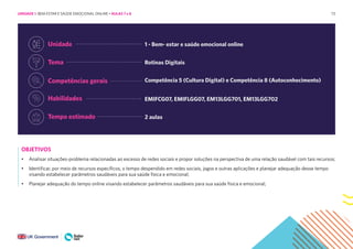 73
Unidade 1 - Bem- estar e saúde emocional online
Tema Rotinas Digitais
Competências gerais Competência 5 (Cultura Digital) e Competência 8 (Autoconhecimento)
Habilidades EMIFCG07, EMIFLGG07, EM13LGG701, EM13LGG702
Tempo estimado 2 aulas
OBJETIVOS
• Analisar situações-problema relacionadas ao excesso de redes sociais e propor soluções na perspectiva de uma relação saudável com tais recursos;
• Identificar, por meio de recursos específicos, o tempo despendido em redes sociais, jogos e outras aplicações e planejar adequação desse tempo
visando estabelecer parâmetros saudáveis para sua saúde física e emocional;
• Planejar adequação do tempo online visando estabelecer parâmetros saudáveis para sua saúde física e emocional;
UNIDADE 1: BEM-ESTAR E SAÚDE EMOCIONAL ONLINE • AULAS 7 e 8
 