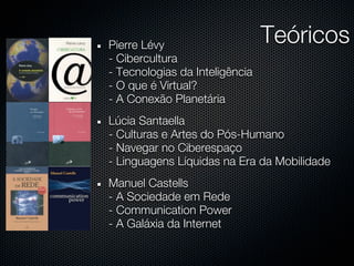 Pierre Lévy                     Teóricos
- Cibercultura
- Tecnologias da Inteligência
- O que é Virtual?
- A Conexão Planetária
Lúcia Santaella
- Culturas e Artes do Pós-Humano
- Navegar no Ciberespaço
- Linguagens Líquidas na Era da Mobilidade
Manuel Castells
- A Sociedade em Rede
- Communication Power
- A Galáxia da Internet
 