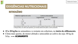 EXIGÊNCIAS NUTRICIONAIS
NITROGÊNIO
● 15 a 20 kg/ha na semeadura e o restante em cobertura, no início do afilhamento.
● Clima mais quente, de menor altitude e antecedido ao cultivo da soja: 40 kg de
N/ha ACAMAMENTO
Cultura do Centeio
 