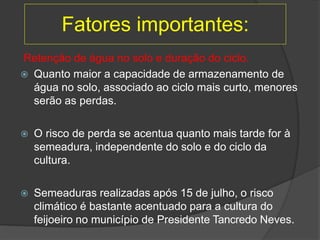 Fatores importantes:
Retenção de água no solo e duração do ciclo.
 Quanto maior a capacidade de armazenamento de
água no solo, associado ao ciclo mais curto, menores
serão as perdas.
 O risco de perda se acentua quanto mais tarde for à
semeadura, independente do solo e do ciclo da
cultura.
 Semeaduras realizadas após 15 de julho, o risco
climático é bastante acentuado para a cultura do
feijoeiro no município de Presidente Tancredo Neves.
 