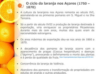 O ciclo da laranja nos Açores (1750 –
1870)
• A cultura da laranjeira nos Açores remonta ao século XVI,
assinalando-se os primeiros pomares em S. Miguel e na Ilha
Terceira.
• Só a partir do século XVIII a produção de laranja destinada à
exportação, viria enriquecer os proprietários Micaelenses
durante mais de cem anos, muitos dos quais eram de
nacionalidade estrangeira.
• Os anos máximos de exportação deu-se nos anos de 1860 a
1870.
• A decadência dos pomares de laranja ocorre com o
aparecimento de pragas (Coccus hesperidium) e doenças
(“lágrima”), provocando o definhamento e morte das plantas
e à perda da qualidade da fruta.
• Concorrência da laranja de Valência.
• Abandono dos pomares e transformação de propriedades em
estufas de ananás e outras produções.
https://raparigadaslaranjas.blogs.sapo.pt/6100.html
 