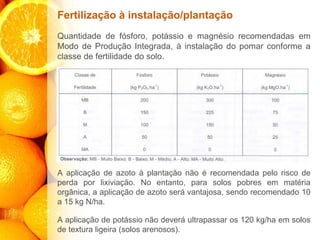 Fertilização à instalação/plantação
Quantidade de fósforo, potássio e magnésio recomendadas em
Modo de Produção Integrada, à instalação do pomar conforme a
classe de fertilidade do solo.
A aplicação de azoto à plantação não é recomendada pelo risco de
perda por lixiviação. No entanto, para solos pobres em matéria
orgânica, a aplicação de azoto será vantajosa, sendo recomendado 10
a 15 kg N/ha.
A aplicação de potássio não deverá ultrapassar os 120 kg/ha em solos
de textura ligeira (solos arenosos).
 