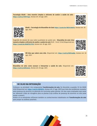 25
COMPONENTE 1 [ DO SOLO À CÉLULA ]
Tecnologia BioAS - Uma maneira simples e eficiente de avaliar a saúde do solo:
https://cutt.ly/VWY7spu. Acesso em: 30 ago. 2021.
BioAS – Tecnologia de Bioanálise de Solo https://youtu.be/IBJYc30aFas. Acesso em: 30
ago. 2021.
Sugestão de estudo de caso sobre qualidade da saúde solo - Bioanálise de solo: Uma
maneira simples e eficiente de avaliar a saúde do solo (9:29 - 13:43/ 21:54) Disponível em:
https://youtu.be/did6FXcYiV8. Acesso em: 30 ago. 2021.
Mil dias que valem uma vida. Disponível em: https://cutt.ly/kWUw88y. Acesso em: 26
ago. 2021.
Bioanálise de solo: como acessar e interpretar a saúde do solo. Disponível em:
https://cutt.ly/mWUemiz. Acesso em: 26 ago. 2021.
DE OLHO NA INTEGRAÇÃO
Professor, na atividade 3 do componente Transformações do solo, foi discutida a questão 121 do ENEM
2018 (Disponível em: https://cutt.ly/5WWIl7s. Acesso em: 27 ago. 2021) que trata dos problemas causados
pela presença de alumínio na absorção de nutrientes pelas plantas. Um dos casos analisados aqui pode
ser referente à falta de nitrogênio para as plantas (cuja análise de presença de alumínio no solo pode
ajudar a prever).
Avaliar se os estudantes utilizaram também os conhecimentos trabalhados em Transformações do solo
para propor as análises possíveis.
CHS-CNT cultura do solo V6.indd 25
CHS-CNT cultura do solo V6.indd 25 22/12/21 10:17
22/12/21 10:17
 