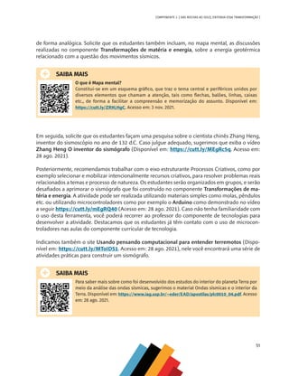 51
COMPONENTE 3 [ DAS ROCHAS AO SOLO, ENTENDA ESSA TRANSFORMAÇÃO ]
de forma analógica. Solicite que os estudantes também incluam, no mapa mental, as discussões
realizadas no componente Transformações de matéria e energia, sobre a energia geotérmica
relacionado com a questão dos movimentos sísmicos.
SAIBA MAIS
O que é Mapa mental?
Constitui-se em um esquema gráfico, que traz o tema central e periféricos unidos por
diversos elementos que chamam a atenção, tais como flechas, balões, linhas, caixas
etc., de forma a facilitar a compreensão e memorização do assunto. Disponível em:
https://cutt.ly/ZR9LHgC. Acesso em: 3 nov. 2021.
Em seguida, solicite que os estudantes façam uma pesquisa sobre o cientista chinês Zhang Heng,
inventor do sismoscópio no ano de 132 d.C. Caso julgue adequado, sugerimos que exiba o vídeo
Zhang Heng O inventor do sismógrafo (Disponível em: https://cutt.ly/MEgRc5q. Acesso em:
28 ago. 2021).
Posteriormente, recomendamos trabalhar com o eixo estruturante Processos Criativos, como por
exemplo selecionar e mobilizar intencionalmente recursos criativos, para resolver problemas reais
relacionados a temas e processo de natureza. Os estudantes serão organizados em grupos, e serão
desafiados a aprimorar o sismógrafo que foi construído no componente Transformações de ma-
téria e energia. A atividade pode ser realizada utilizando materiais simples como molas, pêndulos
etc. ou utilizando microcontroladores como por exemplo o Arduino como demonstrado no vídeo
a seguir https://cutt.ly/mEgRQ40 (Acesso em: 28 ago. 2021). Caso não tenha familiaridade com
o uso desta ferramenta, você poderá recorrer ao professor do componente de tecnologias para
desenvolver a atividade. Destacamos que os estudantes já têm contato com o uso de microcon-
troladores nas aulas do componente curricular de tecnologia.
Indicamos também o site Usando pensando computacional para entender terremotos (Dispo-
nível em: https://cutt.ly/MToIDS1. Acesso em: 28 ago. 2021), nele você encontrará uma série de
atividades práticas para construir um sismógrafo.
SAIBA MAIS
Para saber mais sobre como foi desenvolvido dos estudos do interior do planeta Terra por
meio da análise das ondas sísmicas, sugerimos o material Ondas sísmicas e o interior da
Terra. Disponível em: https://www.iag.usp.br/~eder/EAD/apostilas/plc0010_04.pdf. Acesso
em: 28 ago. 2021.
CHS-CNT cultura do solo V6.indd 51
CHS-CNT cultura do solo V6.indd 51 22/12/21 10:17
22/12/21 10:17
 