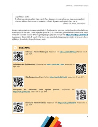 79
COMPONENTE 4 [ TRANSFORMAÇÕES DO SOLO ]
Sugestão de texto:
O solo era profundo, absorvia e mantinha a água em terra argilosa, e a água que era absor-
vida nas colinas alimentava as nascentes e havia água corrente por toda a parte.
(Platão, 427-347 a.C., Os diálogos)
Para o desenvolvimento dessa atividade, é fundamental retomar conhecimentos abordados na
Formação Geral Básica, como ligações químicas (EM13CNT202), polaridade e solubilidade. Suge-
rimos em seguida, o vídeo “Dissolução e precipitação”. Disponível em: https://cutt.ly/CWWBkIH.
Acesso em: 4 set. 2021. É possível também que os estudantes pesquisem sobre o tema em livros
didáticos de química disponíveis na escola.
SAIBA MAIS
Retenção e Movimento da Água. Disponível em: https://cutt.ly/XWT5avf. Acesso em: 26
ago. 2021.
Química da fase líquida do solo. Disponível em: https://cutt.ly/0WT5vN0. Acesso em: 26
ago. 2021.
Ligações químicas. Disponível em: https://cutt.ly/SWUso5X. Acesso em: 27 ago. 2021.
Concepções dos estudantes sobre ligações químicas. Disponível em:
https://cutt.ly/yWUsv5z. Acesso em: 27 ago. 2021.
Interações intermoleculares. Disponível em: https://cutt.ly/xWUsRDO. Acesso em: 27
ago. 2021.
CHS-CNT cultura do solo V6.indd 79
CHS-CNT cultura do solo V6.indd 79 22/12/21 10:17
22/12/21 10:17
 