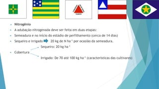  Nitrogênio
 A adubação nitrogenada deve ser feita em duas etapas:
 Semeadura e no início do estádio de perfilhamento (cerca de 14 dias)
 Sequeiro e irrigado 20 kg de N ha-1 por ocasião da semeadura.
Sequeiro: 20 kg ha-1
 Cobertura
Irrigado: De 70 até 100 kg ha-1 (características das cultivares)
 