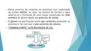  Nome genérico do conjunto de proteínas com capacidade
de formar MASSA, ou seja, na mistura de farinha e água
observa-se a formação de uma massa constituída da rede
protéica do glúten ligada aos grânulos de amido.
 O glúten em panificação retém gás carbônico produzido no
processo e faz com que o pão aumente de volume.
 “FARINHA FORTE” ALTA RETENÇÃO DE CO2
 