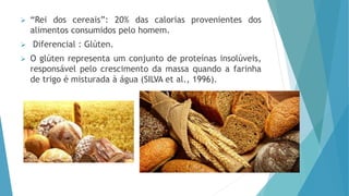  “Rei dos cereais”: 20% das calorias provenientes dos
alimentos consumidos pelo homem.
 Diferencial : Glúten.
 O glúten representa um conjunto de proteínas insolúveis,
responsável pelo crescimento da massa quando a farinha
de trigo é misturada à água (SILVA et al., 1996).
 