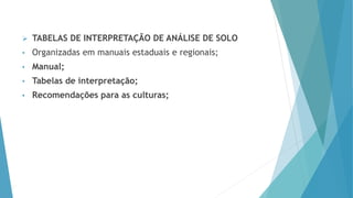  TABELAS DE INTERPRETAÇÃO DE ANÁLISE DE SOLO
• Organizadas em manuais estaduais e regionais;
• Manual;
• Tabelas de interpretação;
• Recomendações para as culturas;
 