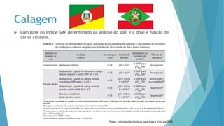 Calagem
 Com base no índice SMP determinado na análise do solo e a dose é função de
vários critérios.
Fonte: Informações técnicas para trigo e triticale 2014
 