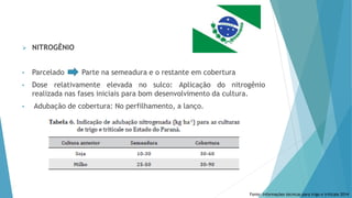  NITROGÊNIO
• Parcelado Parte na semeadura e o restante em cobertura
• Dose relativamente elevada no sulco: Aplicação do nitrogênio
realizada nas fases iniciais para bom desenvolvimento da cultura.
• Adubação de cobertura: No perfilhamento, a lanço.
Fonte: Informações técnicas para trigo e triticale 2014
 