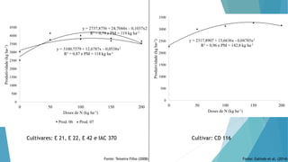 y = 3100,7579 + 12,6787x – 0,0538x2
R² = 0,87 e PM = 118 kg ha-1
y = 2737,8756 + 24,7044x – 0,1037x2
R² = 0,79 e PM = 119 kg ha-1
0
500
1000
1500
2000
2500
3000
3500
4000
4500
0 50 100 150 200
Produtividade
(kg
ha-
1
)
Doses de N (kg ha-1)
Prod. 06 Prod. 07
y = 2317,8907 + 13,6636x - 0,04785x2
R² = 0,96 e PM = 142,8 kg ha-1
0
500
1000
1500
2000
2500
3000
3500
0 50 100 150 200
Produtividade
(kg
ha-
1
)
Doses de N (kg ha-1)
Cultivares: E 21, E 22, E 42 e IAC 370 Cultivar: CD 116
Fonte: Teixeira Filho (2008) Fonte: Galindo et al. (2014)
 