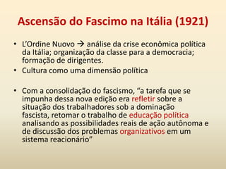 A força dos eclesiásticos está no monopólio (da ideologia religiosa, à filosofia, à ciência, à escola, à moral, à justiça, à beneficência, à assistência, etc.). A função dos intelectuaisGramsci concebe a função dos intelectuais a partir de dois planos superestruturais: sociedade civil e sociedade política (Estado). Hegemonia  + comando (consenso + coerção)São funções organizativas e conectivas 