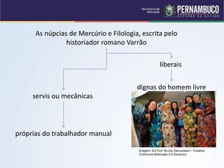As núpcias de Mercúrio e Filologia, escrita pelo
historiador romano Varrão
liberais
dignas do homem livre
servis ou mecânicas
próprias do trabalhador manual
Imagem: Zul from Brunei Darussalam / Creative
Commons Atribuição 2.0 Genérica
 