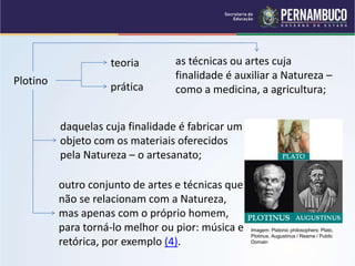 Plotino
teoria
prática
as técnicas ou artes cuja
finalidade é auxiliar a Natureza –
como a medicina, a agricultura;
daquelas cuja finalidade é fabricar um
objeto com os materiais oferecidos
pela Natureza – o artesanato;
outro conjunto de artes e técnicas que
não se relacionam com a Natureza,
mas apenas com o próprio homem,
para torná-lo melhor ou pior: música e
retórica, por exemplo (4).
Imagem: Platonic philosophers: Plato,
Plotinus, Augustinus / Reame / Public
Domain
 