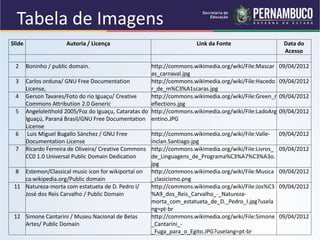 Slide Autoria / Licença Link da Fonte Data do
Acesso
2 Boninho / public domain. http://commons.wikimedia.org/wiki/File:Mascar
as_carnaval.jpg
09/04/2012
3 Carlos orduna/ GNU Free Documentation
License,
http://commons.wikimedia.org/wiki/File:Hacedo
r_de_m%C3%A1scaras.jpg
09/04/2012
4 Gerson Tavares/Foto do rio Iguaçu/ Creative
Commons Attribution 2.0 Generic
http://commons.wikimedia.org/wiki/File:Green_r
eflections.jpg
09/04/2012
5 Angeloleithold 2005/Foz do Iguaçu, Cataratas do
Iguaçú, Paraná Brasil/GNU Free Documentation
License
http://commons.wikimedia.org/wiki/File:LadoArg
entino.JPG
09/04/2012
6 Luis Miguel Bugallo Sánchez / GNU Free
Documentation License
http://commons.wikimedia.org/wiki/File:Valle-
inclan.Santiago.jpg
09/04/2012
7 Ricardo Ferreira de Oliveira/ Creative Commons
CC0 1.0 Universal Public Domain Dedication
http://commons.wikimedia.org/wiki/File:Livros_
de_Linguagens_de_Programa%C3%A7%C3%A3o.
jpg
09/04/2012
8 Estemon/Classical music icon for wikiportal on
ca.wikipedia.org/Public domain
http://commons.wikimedia.org/wiki/File:Musica
_clasicismo.png
09/04/2012
11 Natureza-morta com estatueta de D. Pedro I/
José dos Reis Carvalho / Public Domain
http://commons.wikimedia.org/wiki/File:Jos%C3
%A9_dos_Reis_Carvalho_-_Natureza-
morta_com_estatueta_de_D._Pedro_I.jpg?usela
ng=pt-br
09/04/2012
12 Simone Cantarini / Museu Nacional de Belas
Artes/ Public Domain
http://commons.wikimedia.org/wiki/File:Simone
_Cantarini_-
_Fuga_para_o_Egito.JPG?uselang=pt-br
09/04/2012
Tabela de Imagens
 